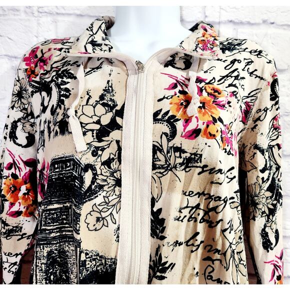 Onque Casuals Tan Multicolor Floral Paris Print Full Zip Cardigan Large - Picture 2 of 5